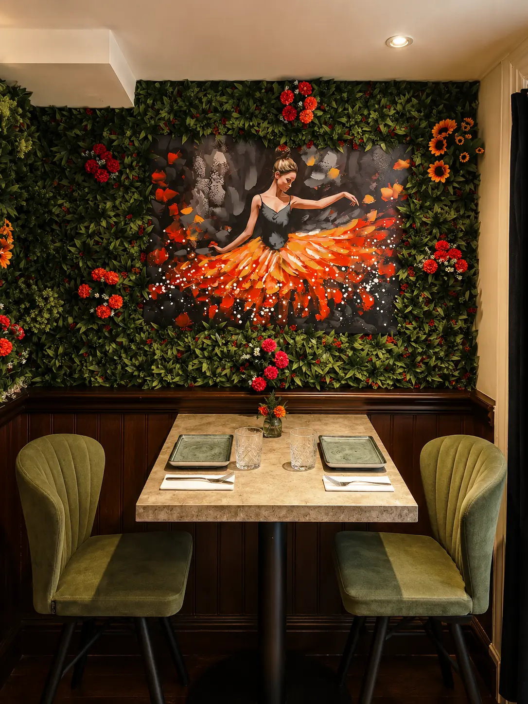 A table for two beneath floral artwork and a flower wall