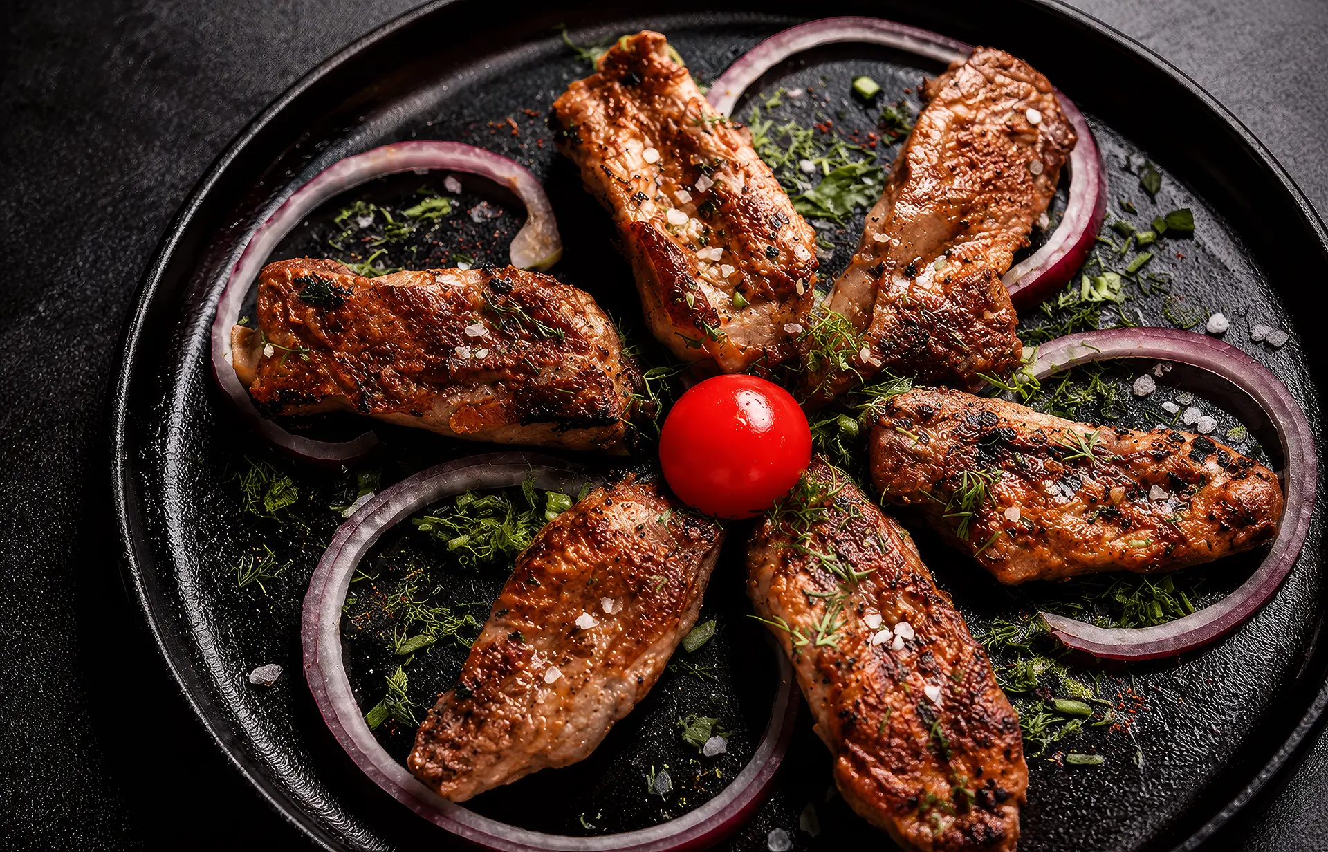 Chargrilled meat with herbs, onion and cherry tomato