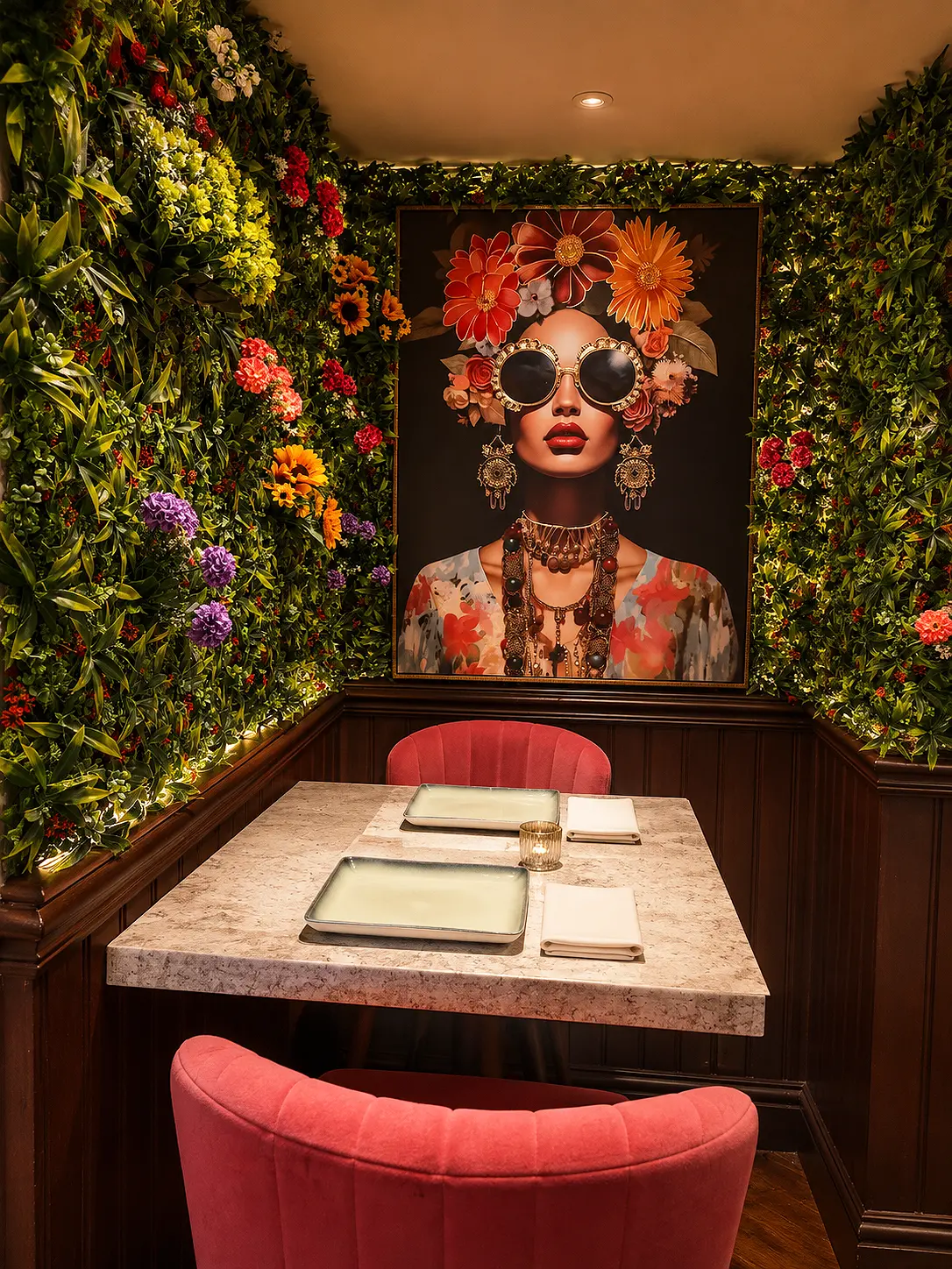 The flower-covered feature wall inside Istanbul Bar & Grill
