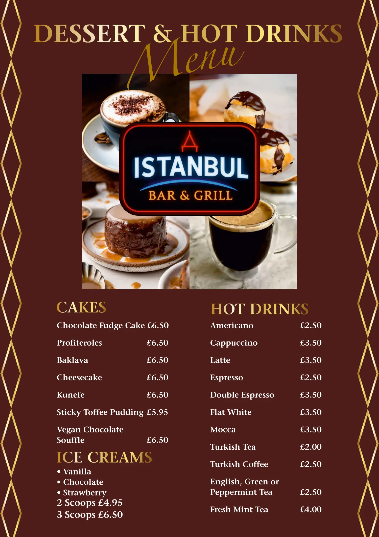 Istanbul Bar & Grill desserts and hot drinks menu