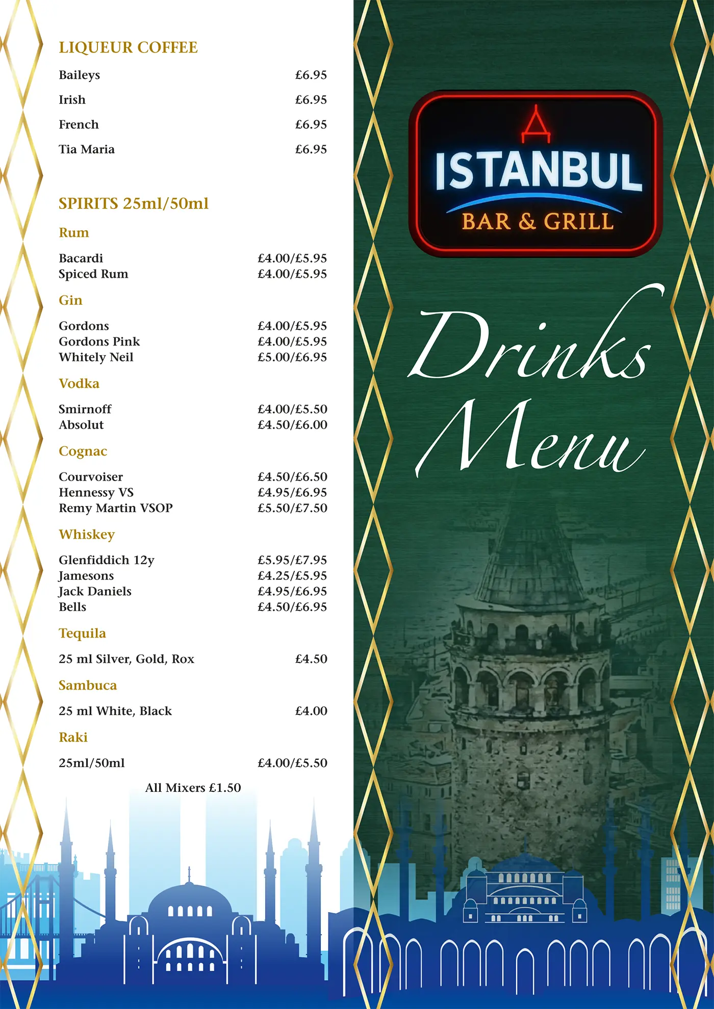 Istanbul Bar & Grill drinks menu, page one