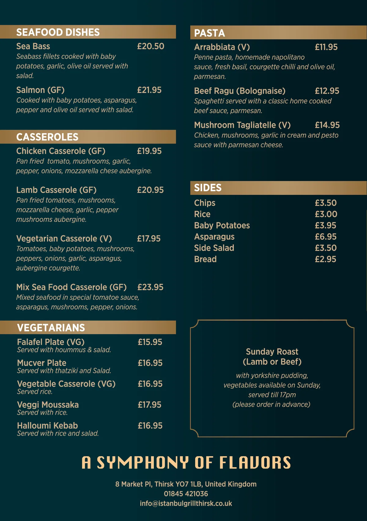 Istanbul Bar & Grill à la carte dishes and information, back page