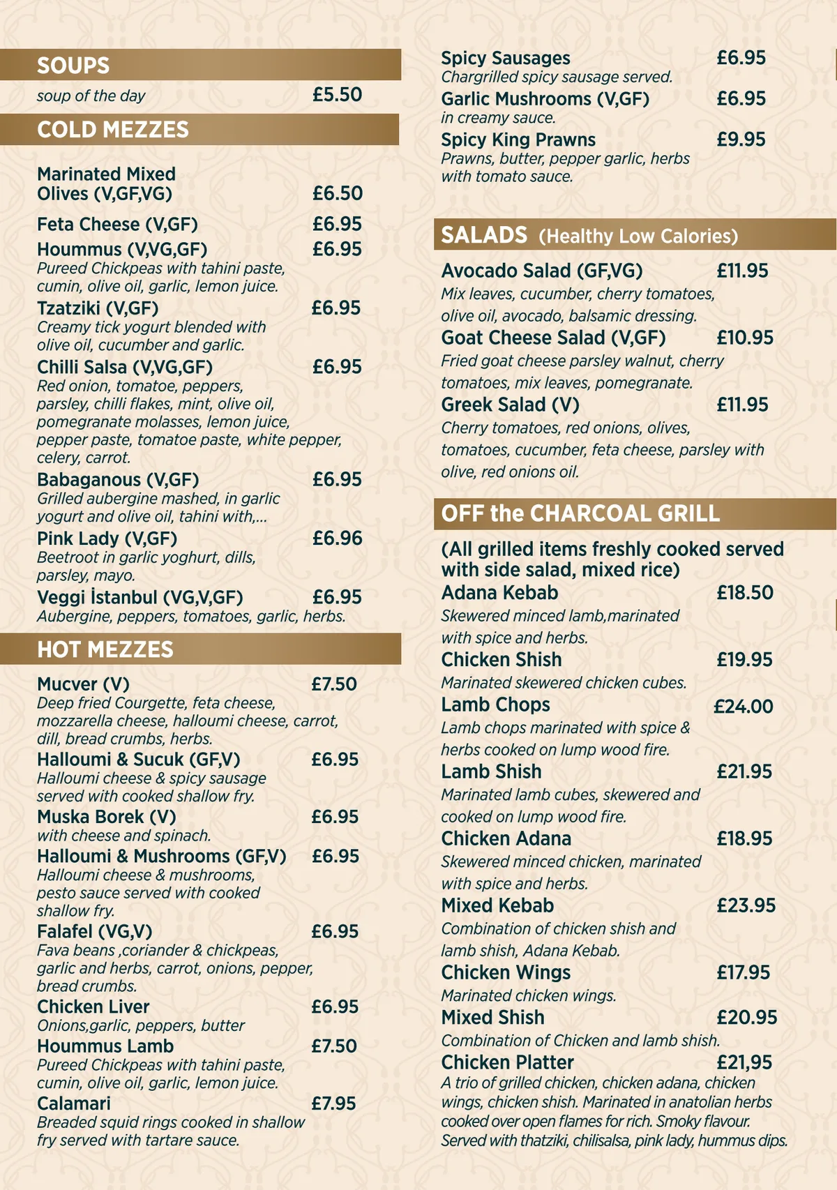 Istanbul Bar & Grill à la carte dishes and prices, page one